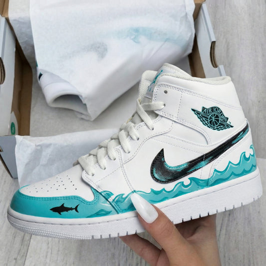 Teal Black Waves Shark Custom AJ 1s Shoes