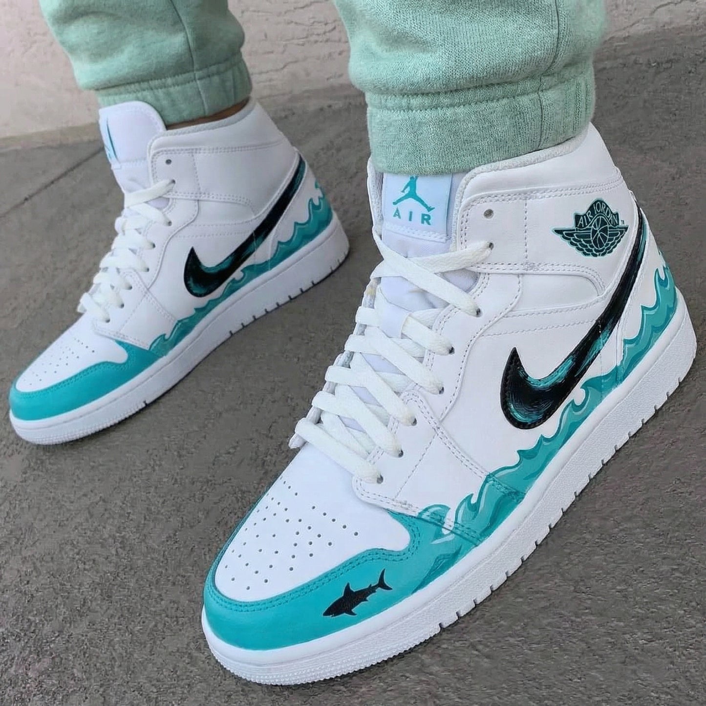 Teal Black Waves Shark Custom AJ 1s Shoes