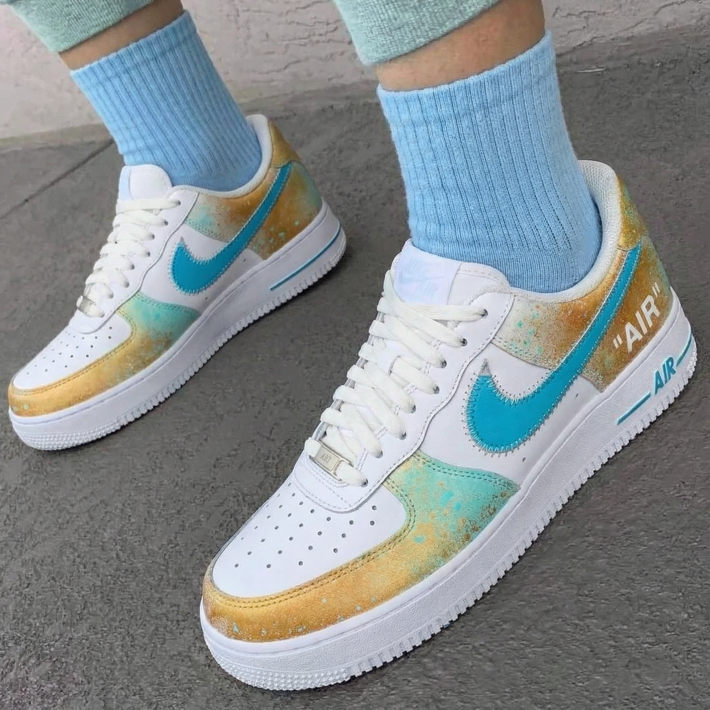Teal Gold Custom AF 1s Shoes