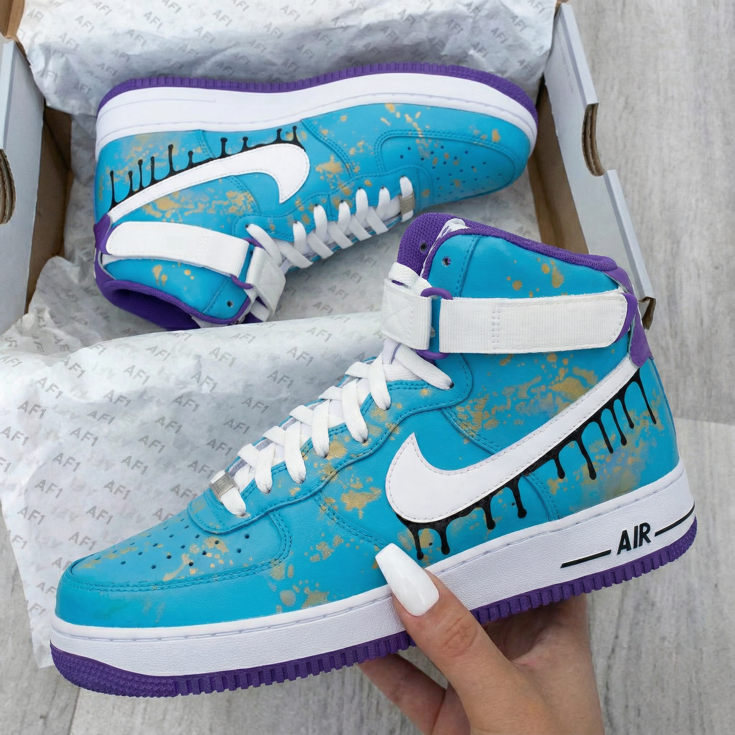 Teal Gold Splatter Custom AF 1s Shoes