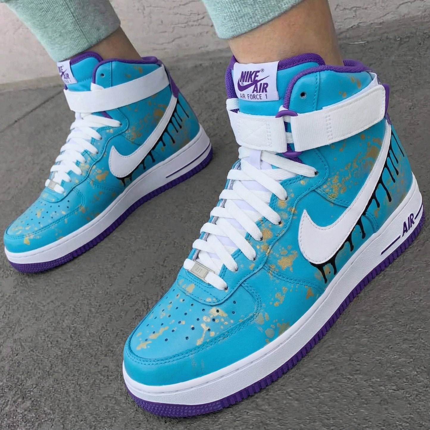 Teal Gold Splatter Custom AF 1s Shoes