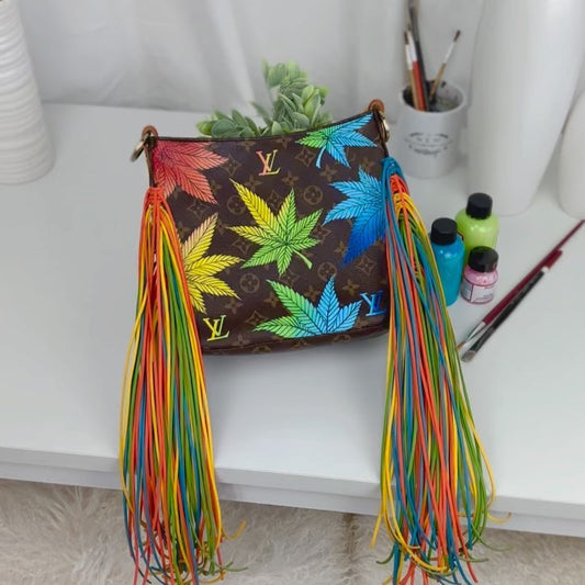 Hand Painted Rainbow Leaf Tassel Custom Bag