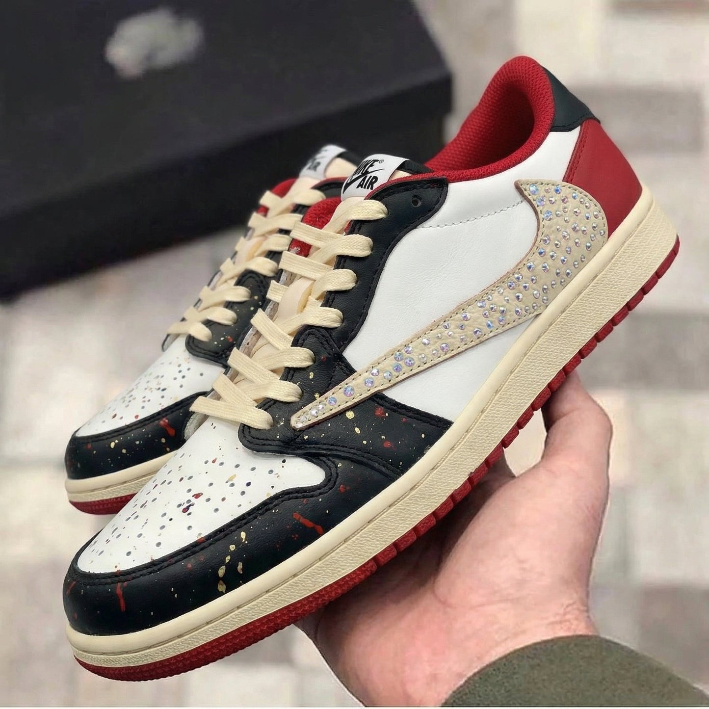 Travis Scott Custom Air Jordan 1 Black Red Beige Swoosh Rhinestones Splatter