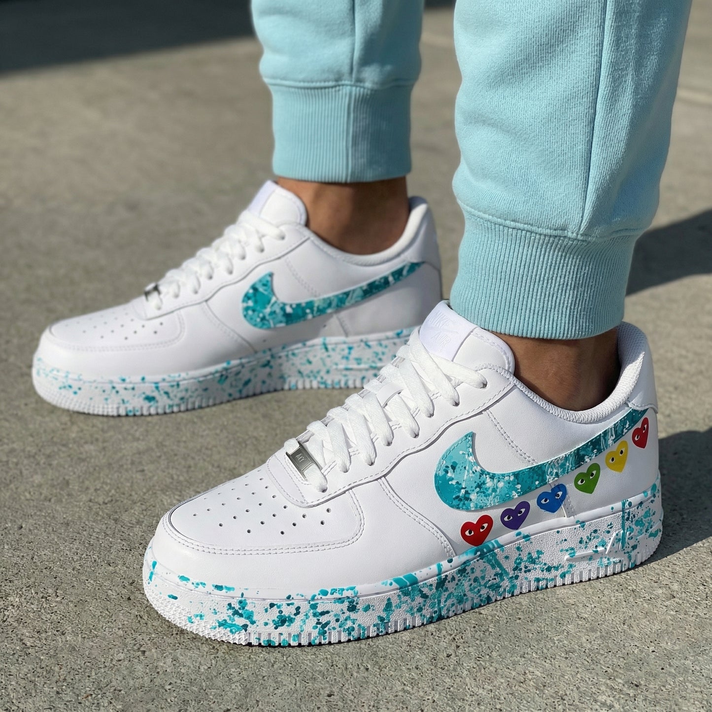 Turquoise Splatter Heart Custom AF 1s Shoes