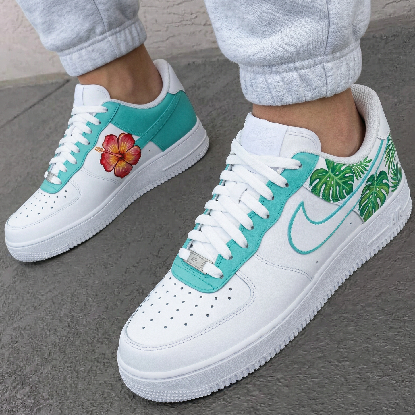 Turquoise Tropical Plants Hibiscus Flower Custom AF 1s Shoes