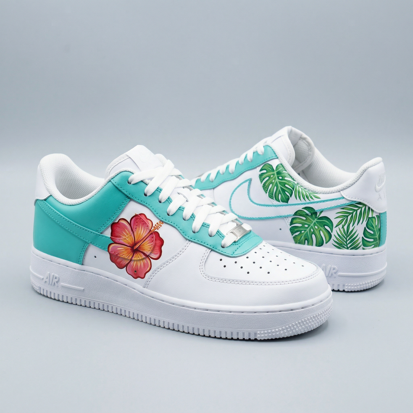 Turquoise Tropical Plants Hibiscus Flower Custom AF 1s Shoes