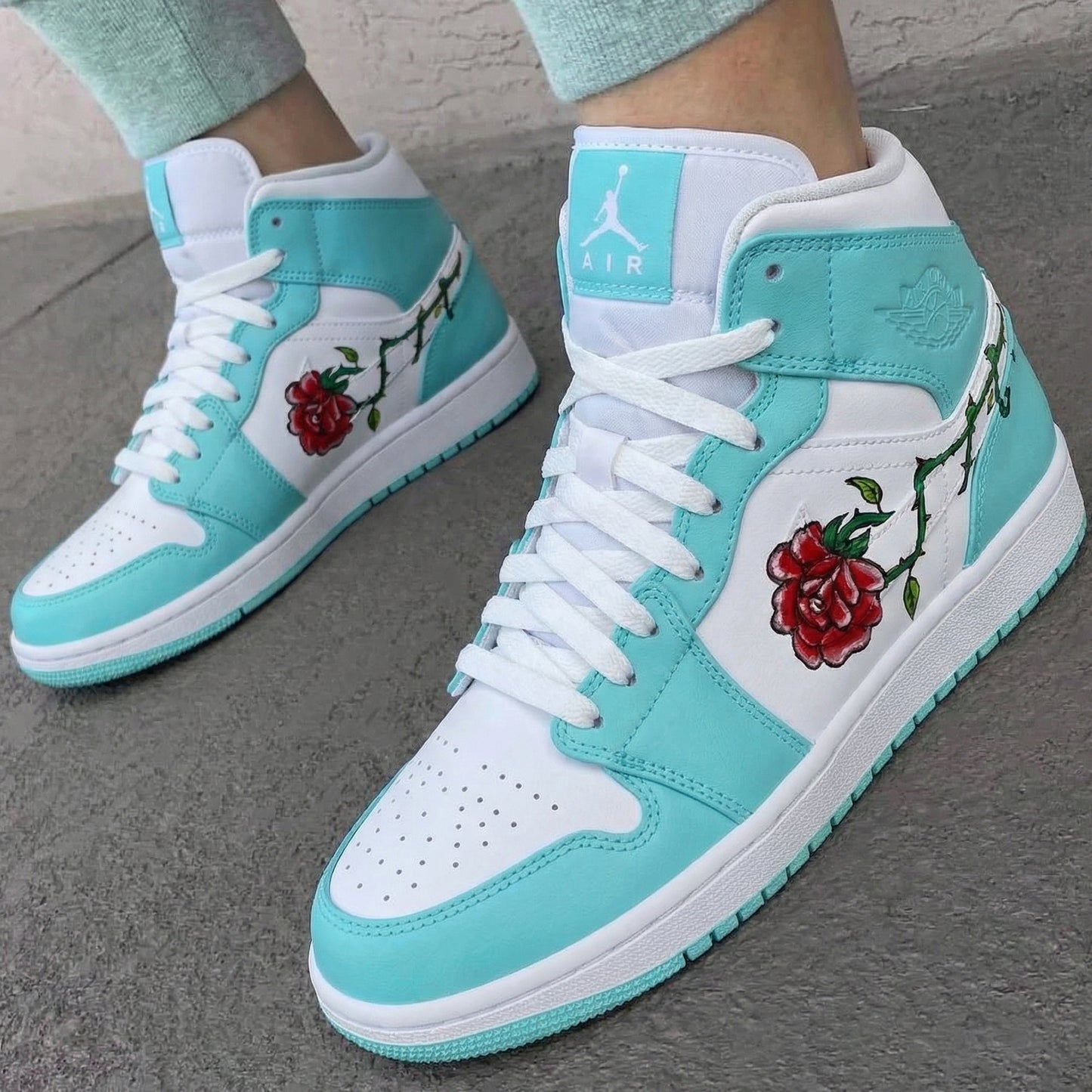 Turquoise White Rose Custom AJ 1s Shoes