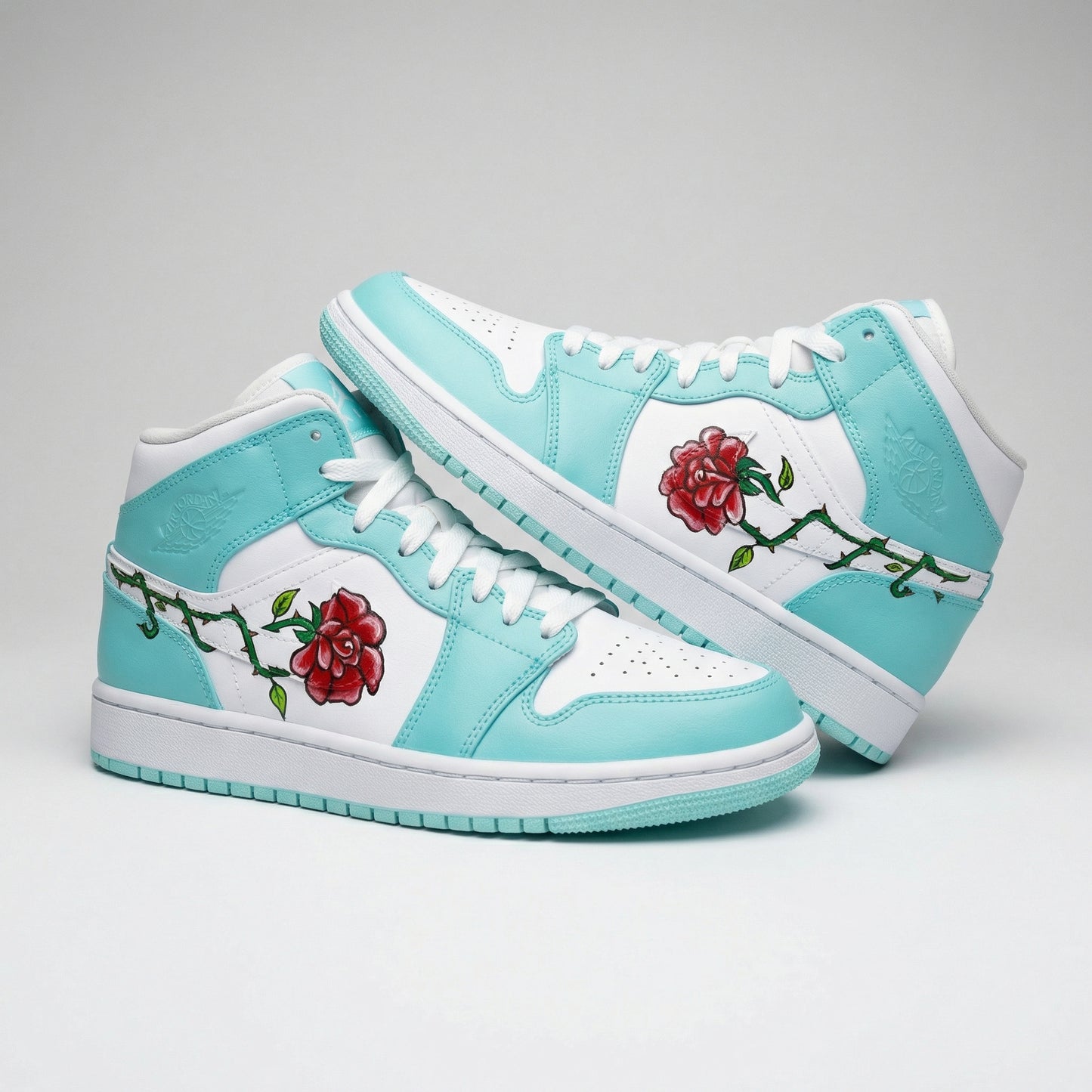 Turquoise White Rose Custom AJ 1s Shoes