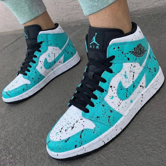 Turquoise White Splatter Custom AJ 1s Shoes