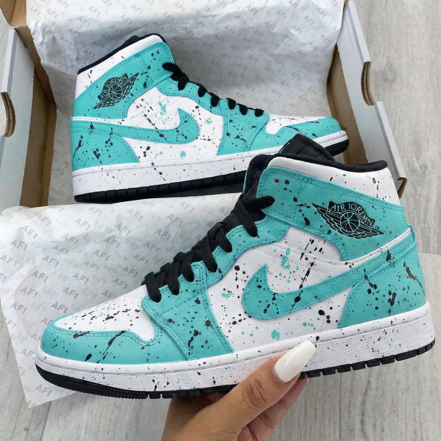 Turquoise White Splatter Custom AJ 1s Shoes