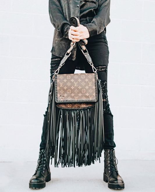Hand Painted Custom Black Fringe Crossbody Purse
