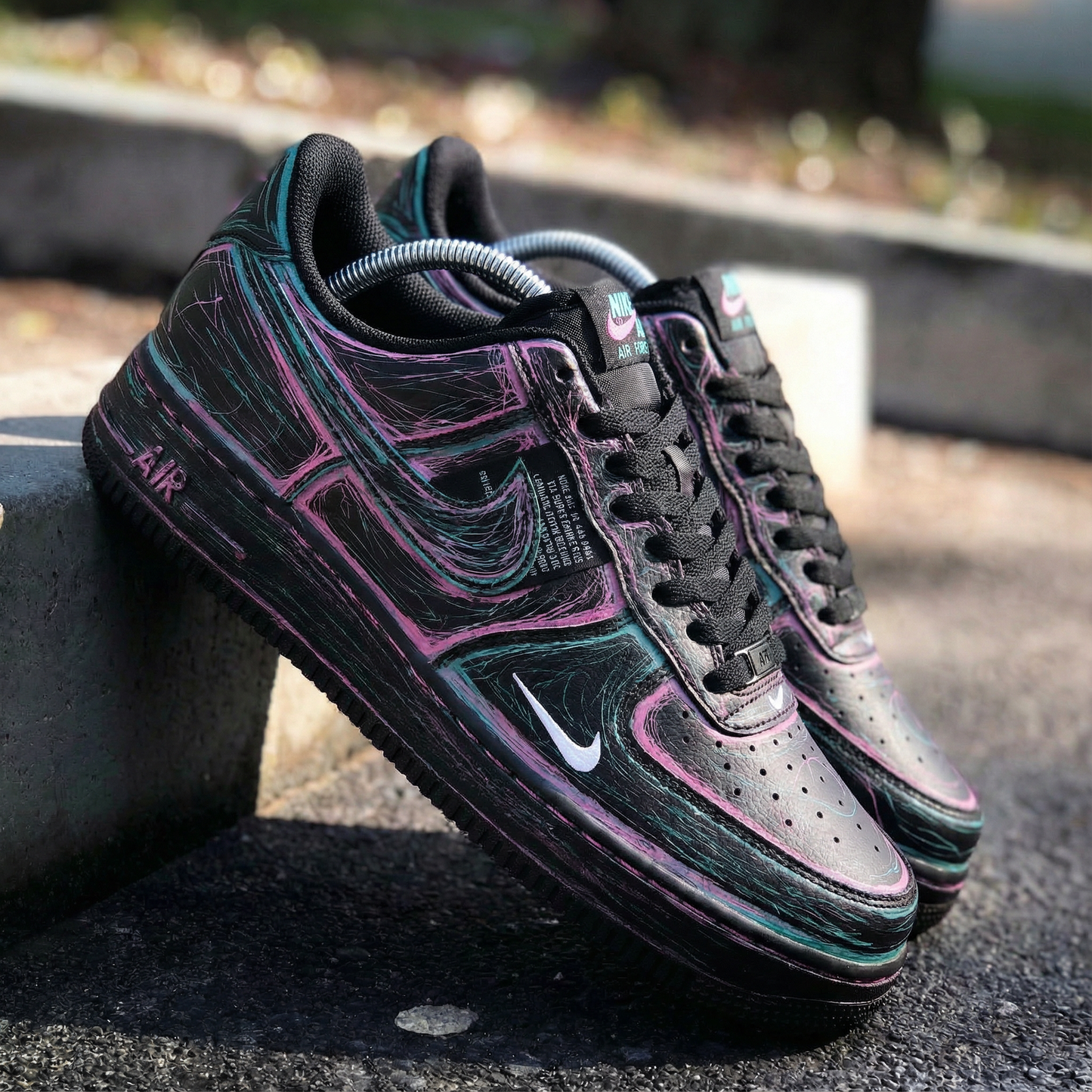 Vibrant Black Pink Teal Swirl Custom AF 1s Shoes