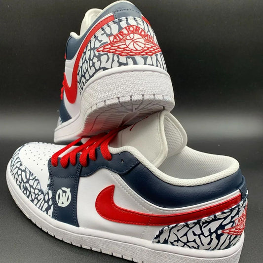 Vibrant Red with Deep Navy Cracks Custom AJ 1s Shoes