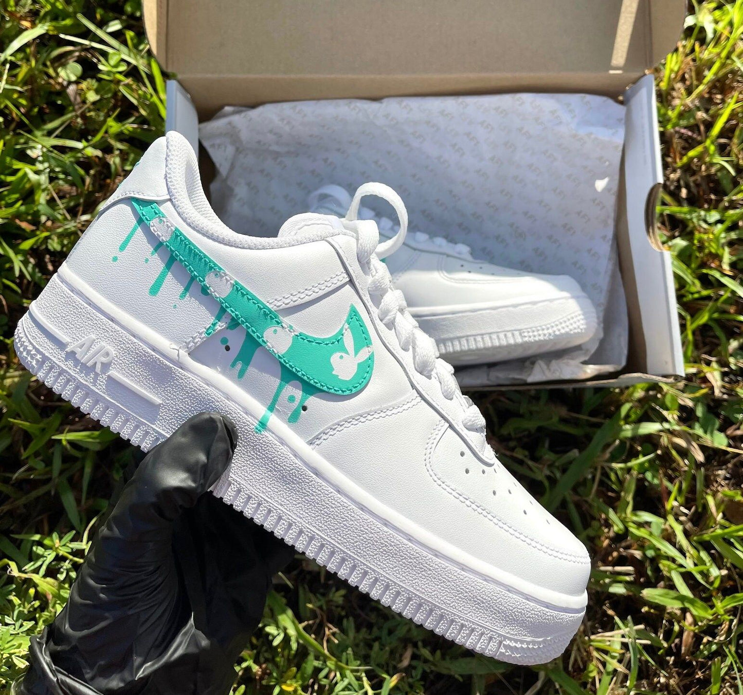 Vibrant Turquoise Teal Dripping Pattern Custom AF 1s Shoes