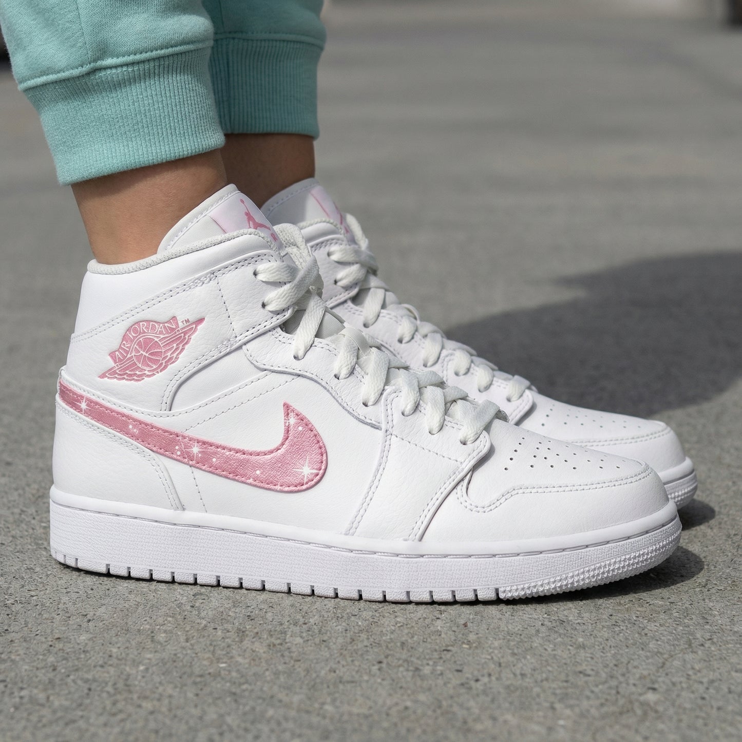White And Baby Pink Sparkle Swoosh Custom AJ 1s Shoes