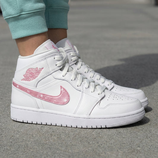 White And Baby Pink Sparkle Swoosh Custom AJ 1s Shoes