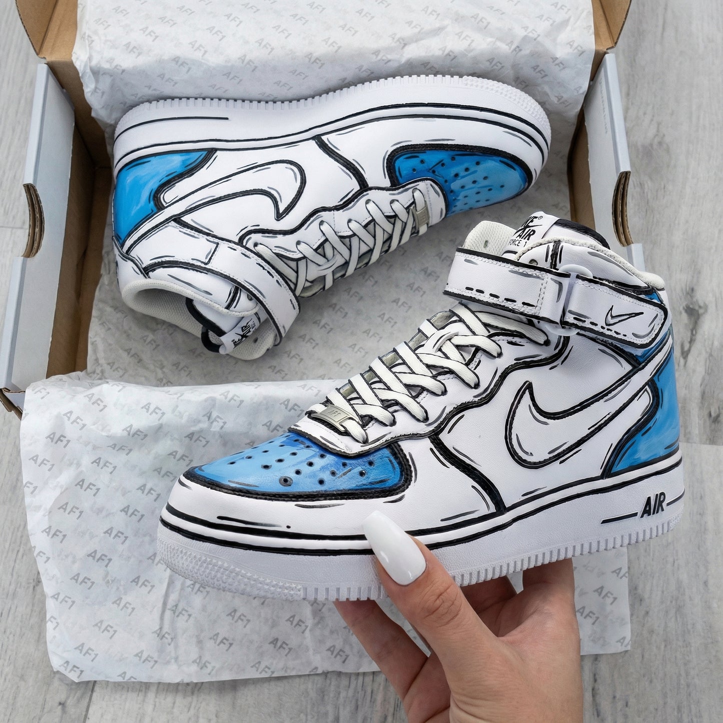 White And Blue Cartoon Line Art Custom AF 1s Shoes