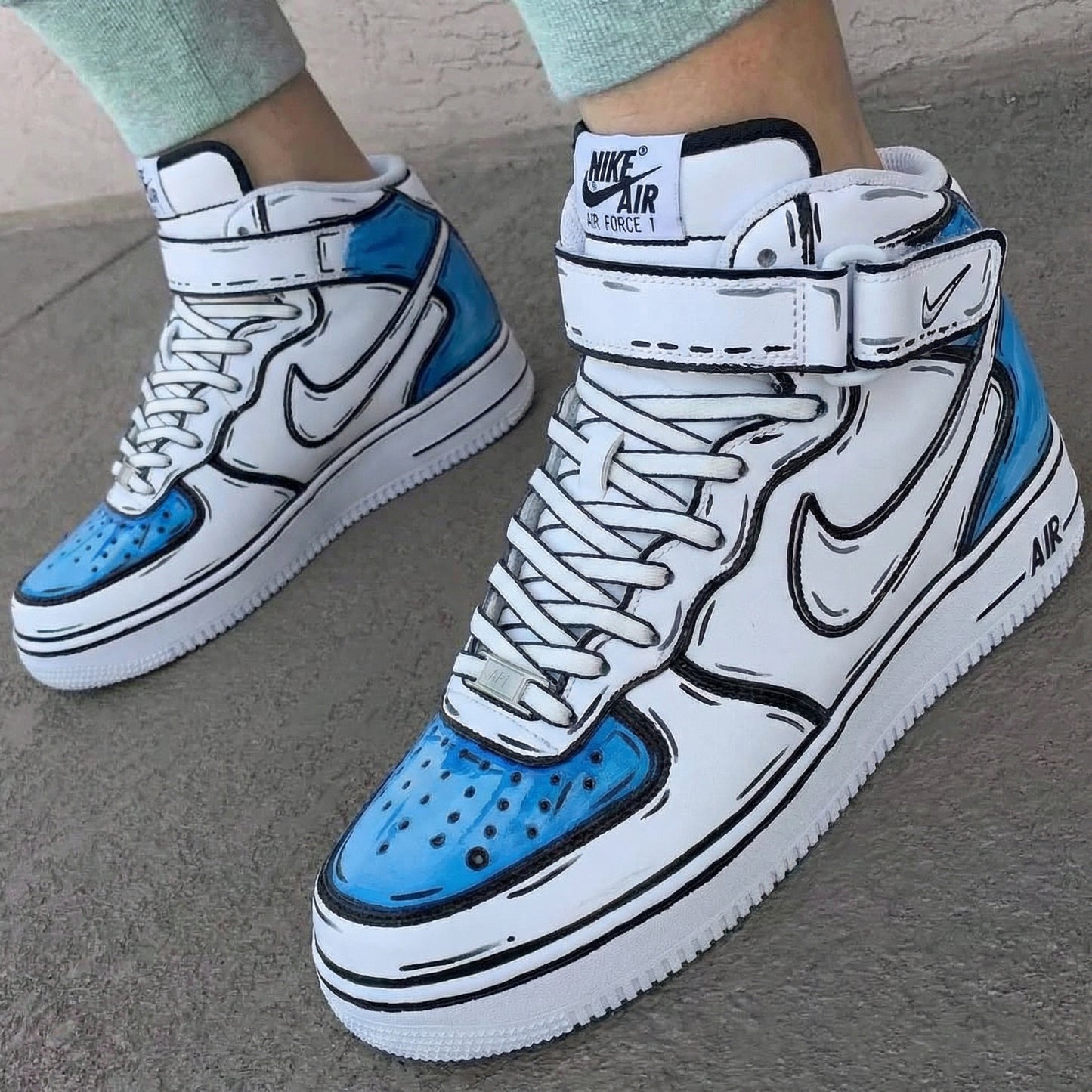 White And Blue Cartoon Line Art Custom AF 1s Shoes