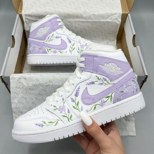White And Lavender Flowers Custom AJ 1s Shoes