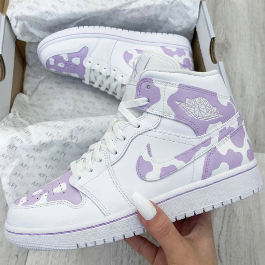 White And Light Purple Cow Print Custom AJ 1s Shoes