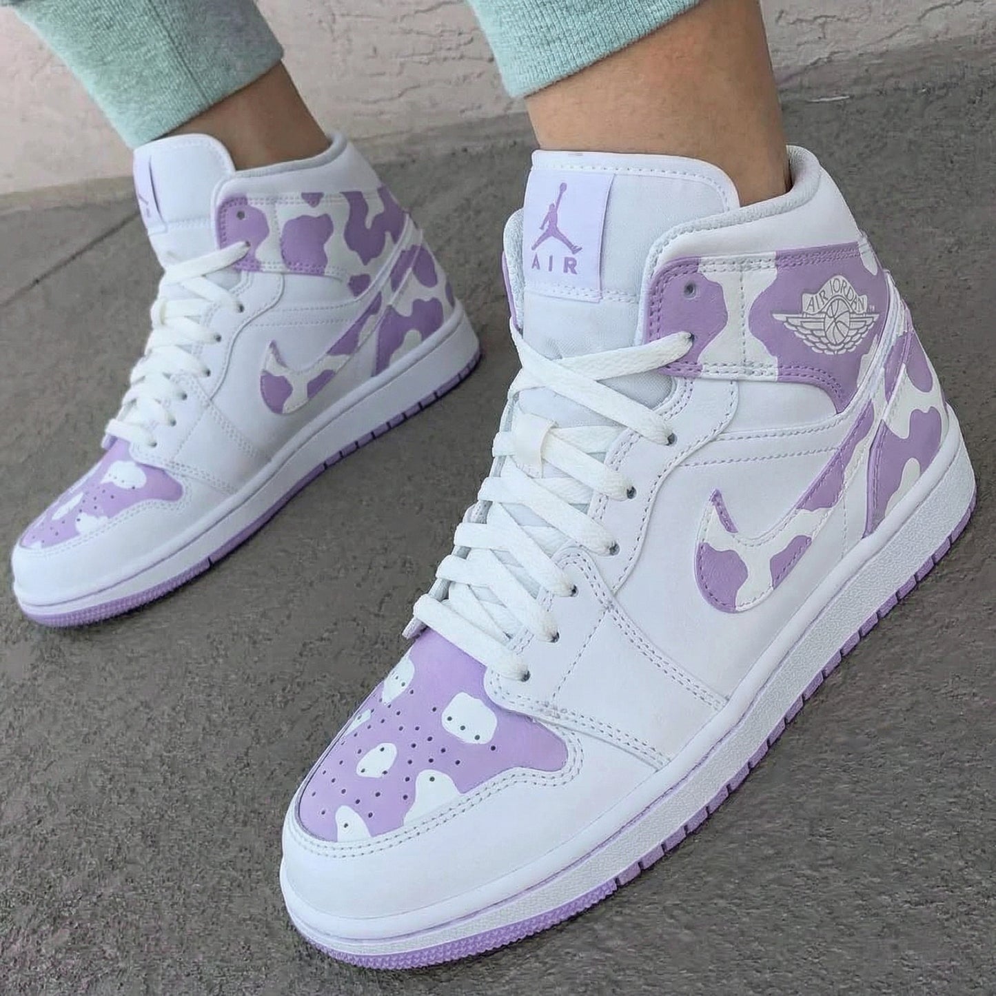White And Light Purple Cow Print Custom AJ 1s Shoes