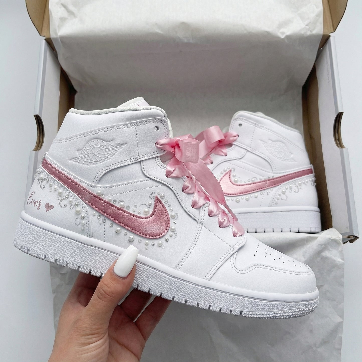 White Baby Pink Pearls Ribbon Laces Custom AJ 1s Shoes