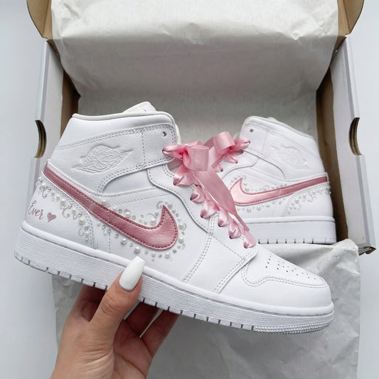 White Baby Pink Pearls Ribbon Laces Custom AJ 1s Shoes