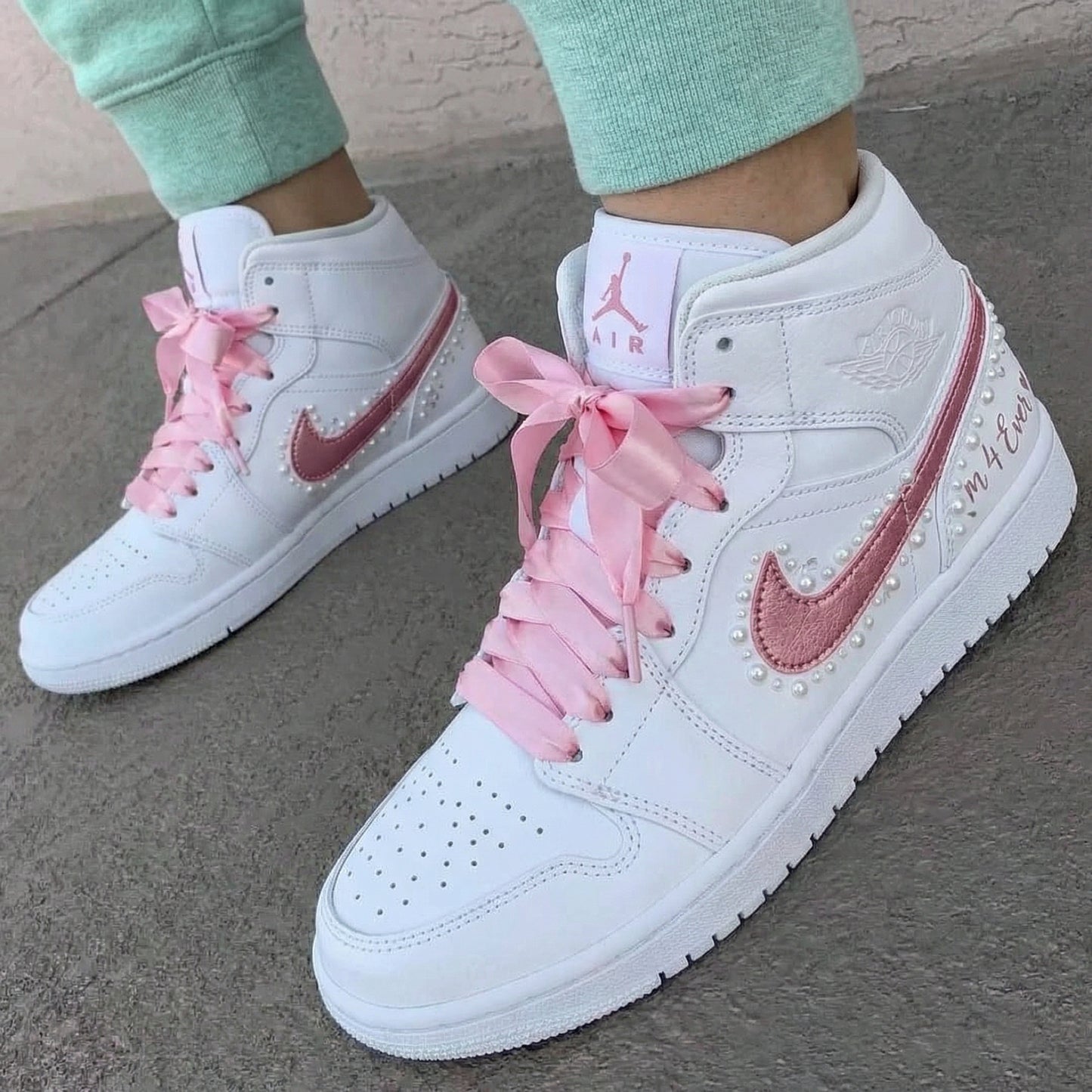 White Baby Pink Pearls Ribbon Laces Custom AJ 1s Shoes