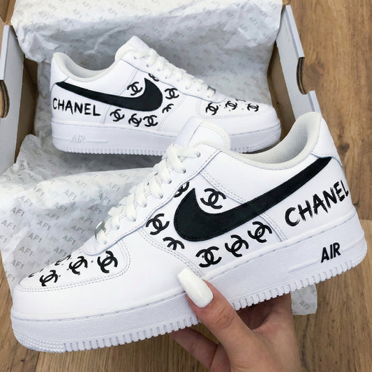 White Black CC logo Custom AF 1s Shoes