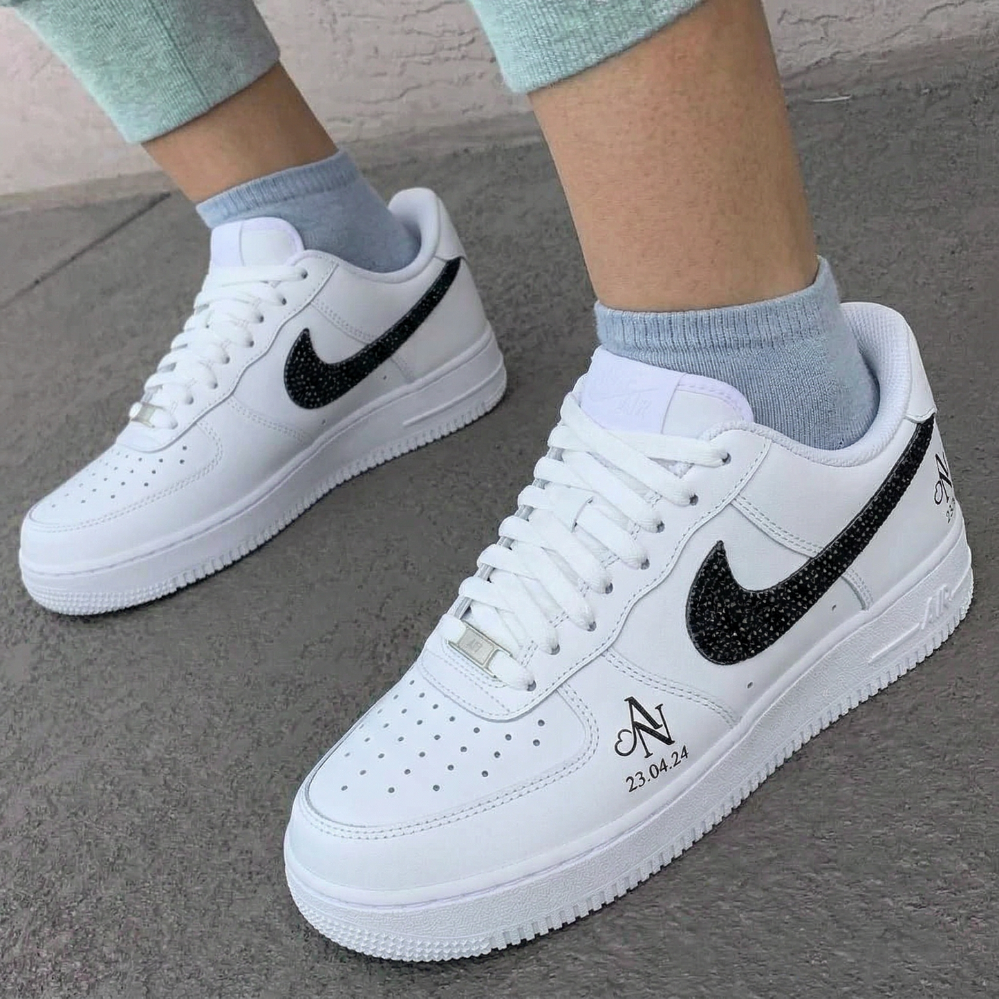 White Black Sparkle Swoosh Monogram Date Custom AF 1s Shoes
