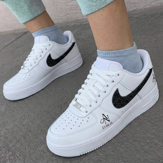 White Black Sparkle Swoosh Monogram Date Custom AF 1s Shoes