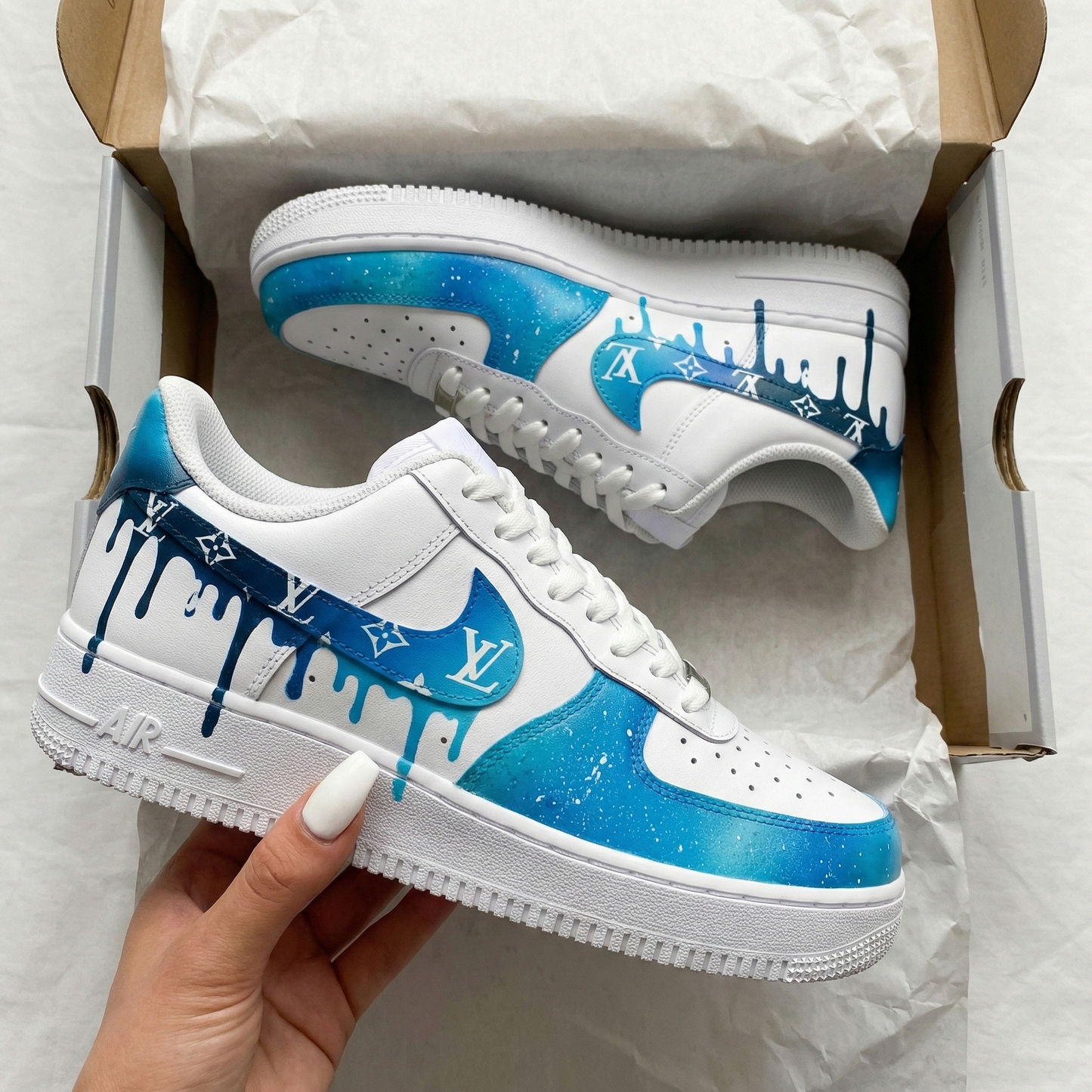 White Blue Galaxy Drip LV Custom AF 1s Shoes