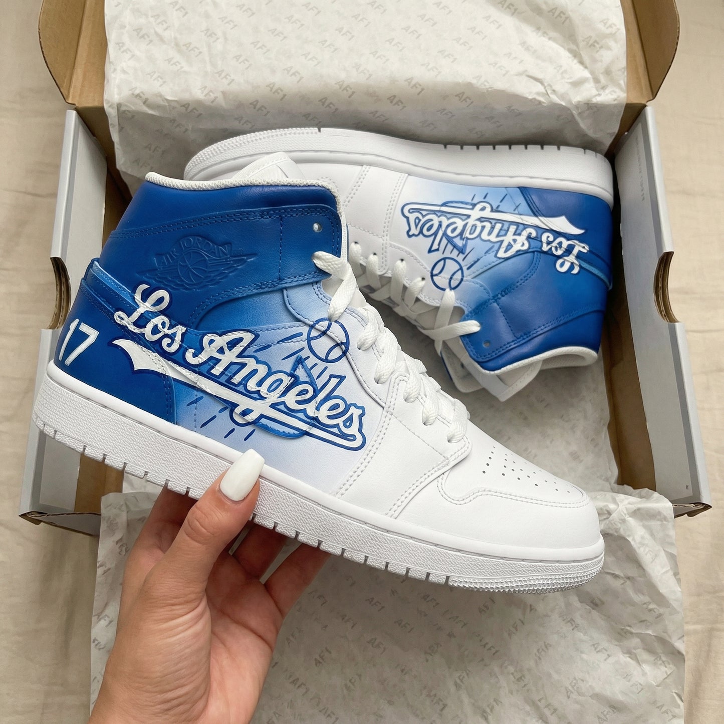 White Blue Los Angeles Dodgers 17 Baseball Letters Custom AJ 1s Shoes