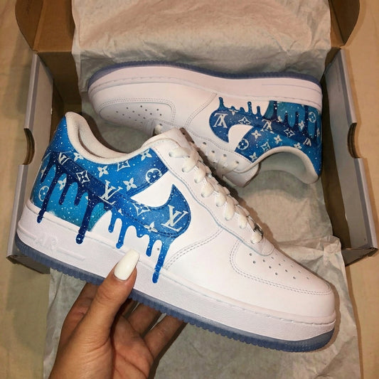 White Blue LV Drip Starry Custom AF 1s Shoes