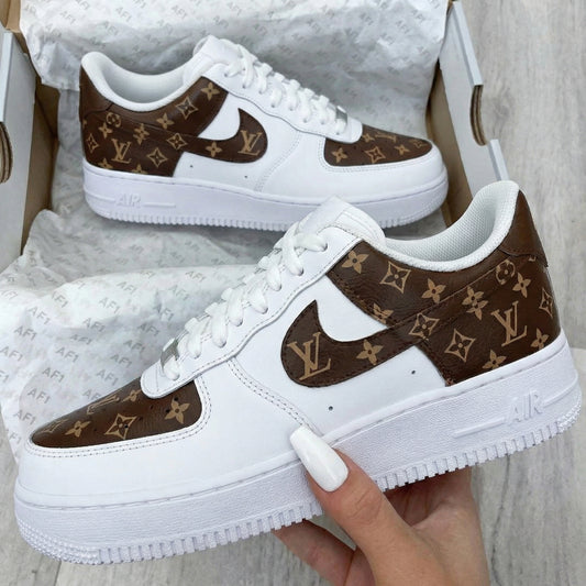 White Brown LV Custom AF 1s Shoes