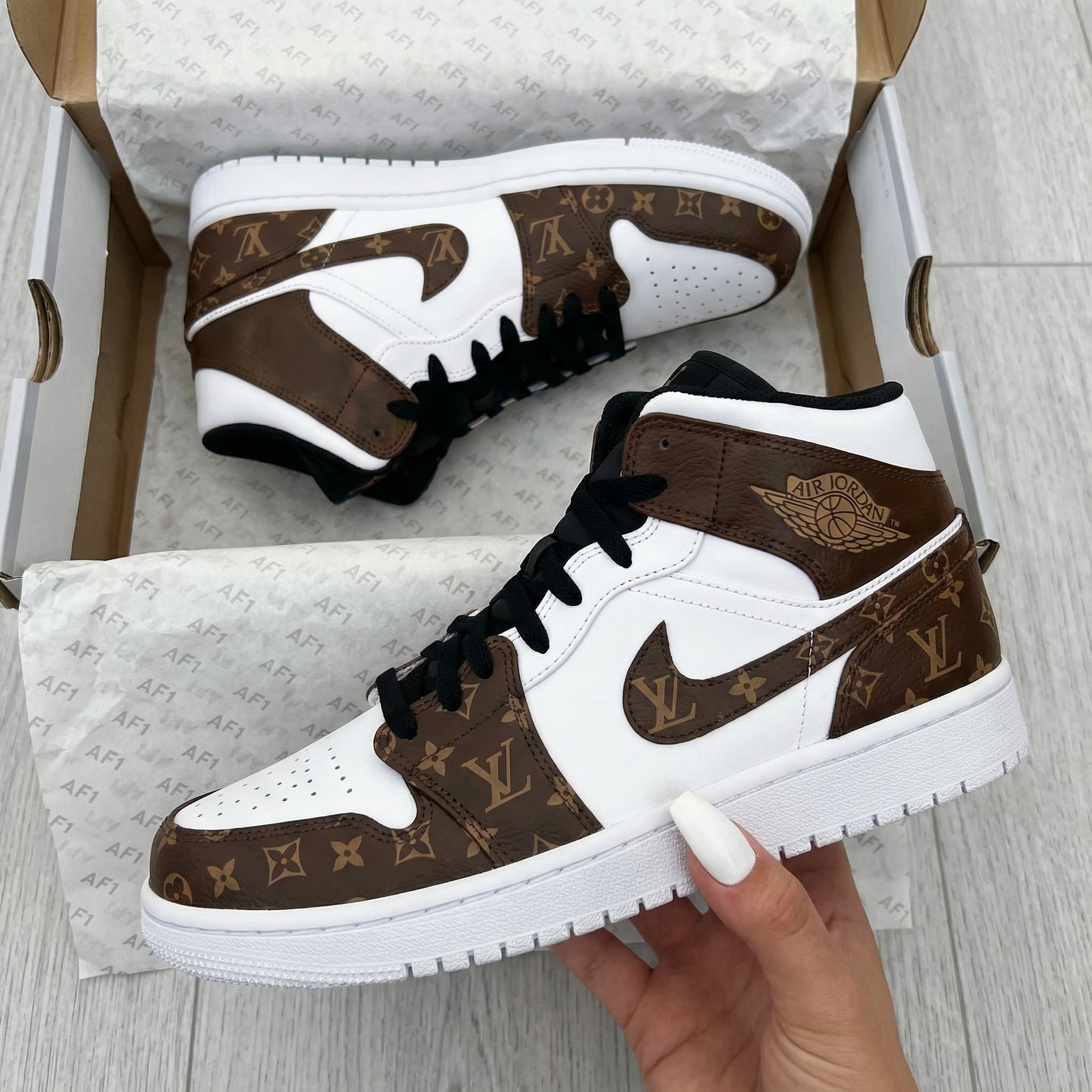 White Brown LV Pattern Custom AJ 1s Shoes