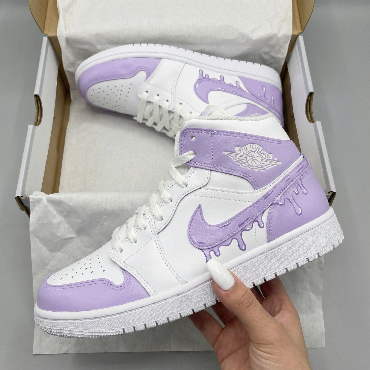 White Lavender Drip Custom AJ 1s Shoes