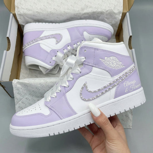 White Light Purple Pearl Swoosh Satin Laces Custom AJ 1s Shoes