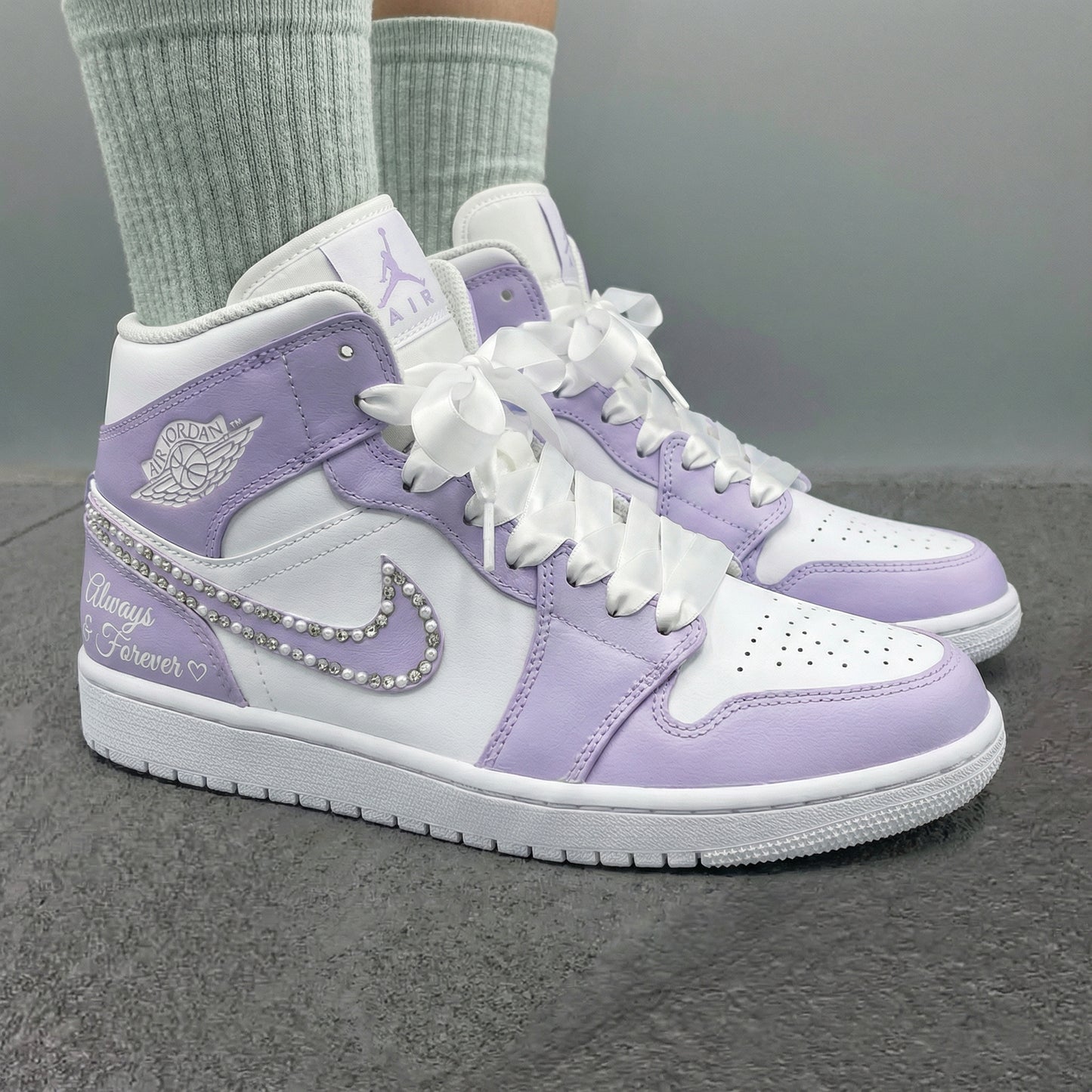 White Light Purple Pearl Swoosh Satin Laces Custom AJ 1s Shoes