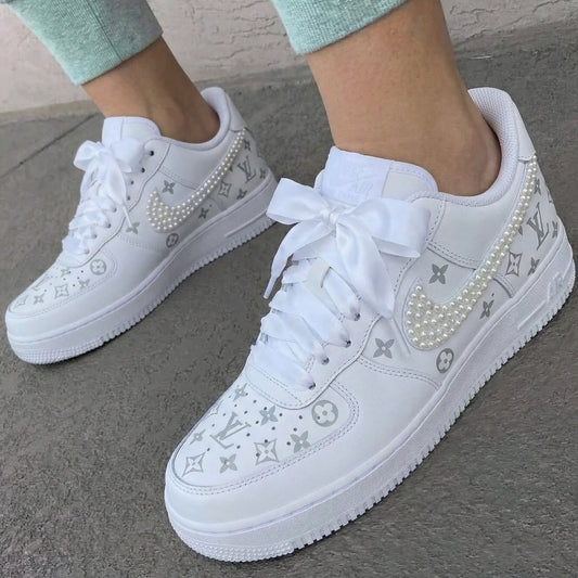 White LV Pearl Custom AF 1s Shoes