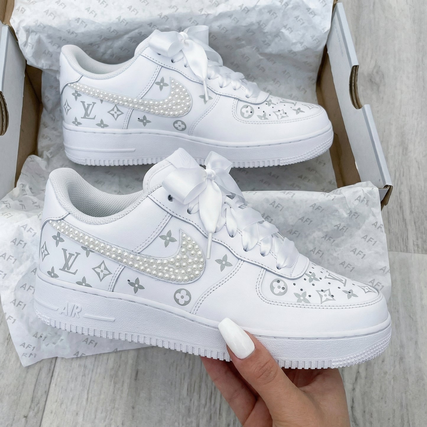 White LV Pearl Custom AF 1s Shoes