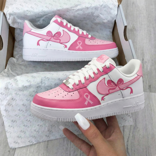 White Pink Bow Ribbon Custom AF 1s Shoes