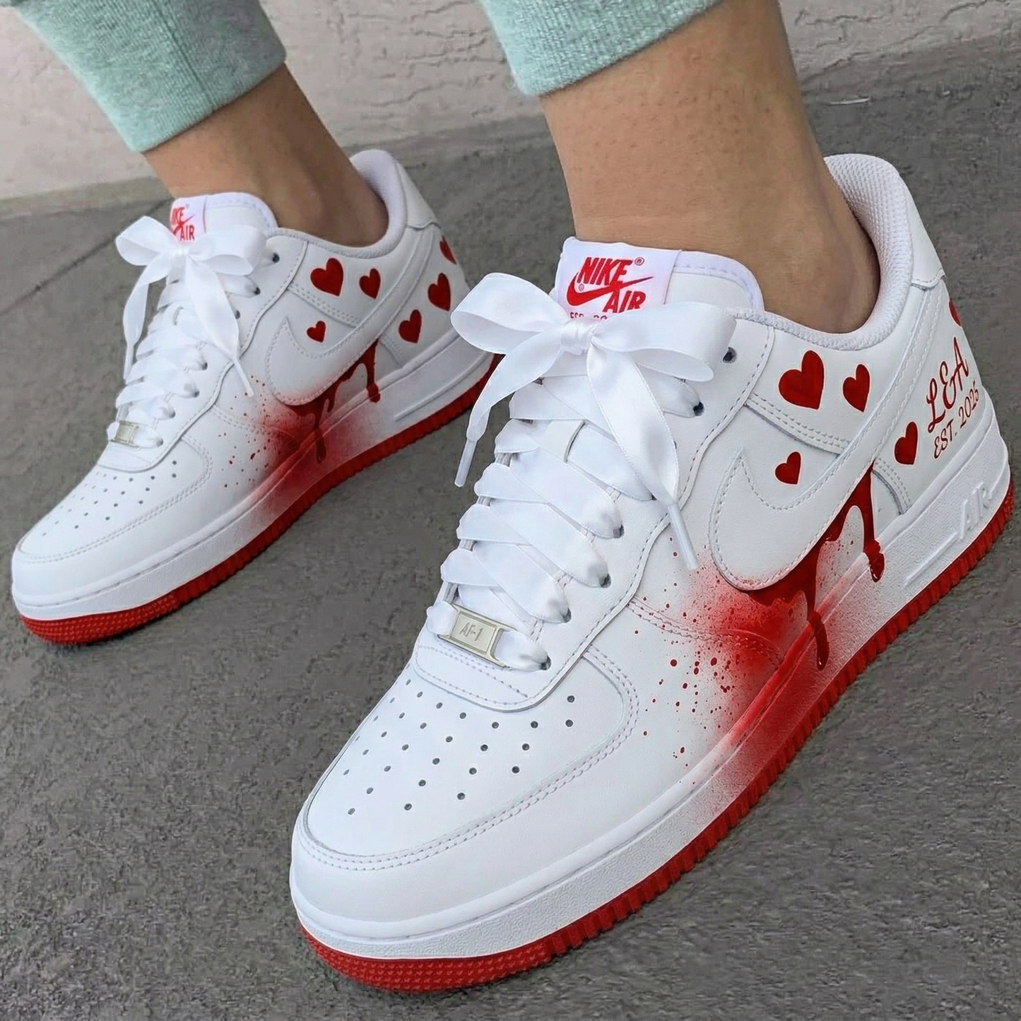 White Red Hearts Dripping Splatter Custom AF 1s Shoes