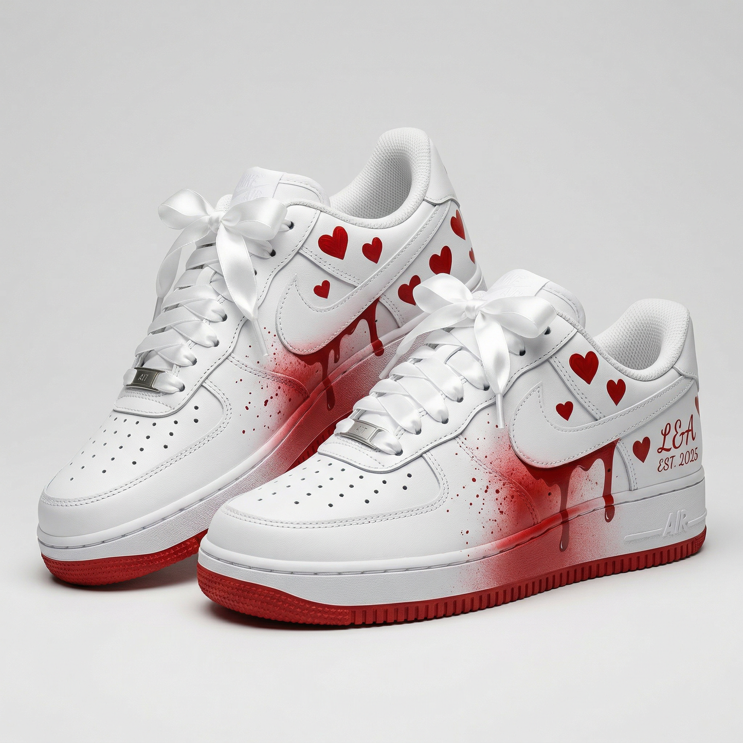White Red Hearts Dripping Splatter Custom AF 1s Shoes