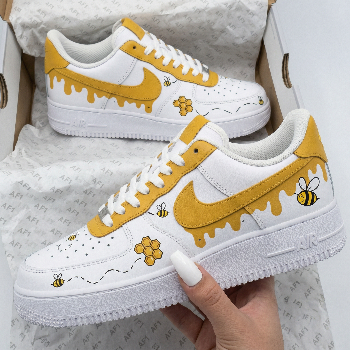 White Yellow Honey Drip Bees Honeycomb Custom AF 1s Shoes
