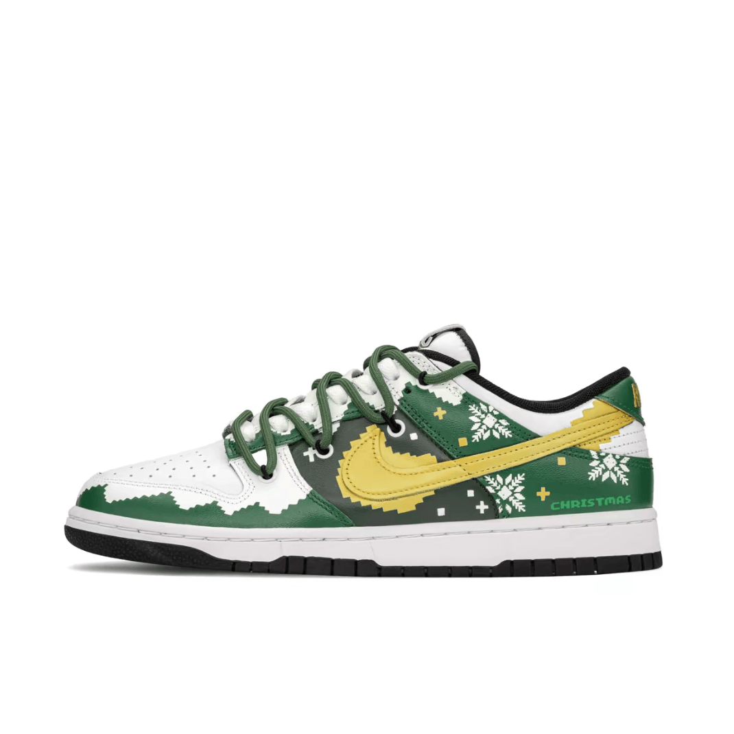 Christmas Gift Xmas Custom Dunk Green White Gold Swoosh Snowflake Print