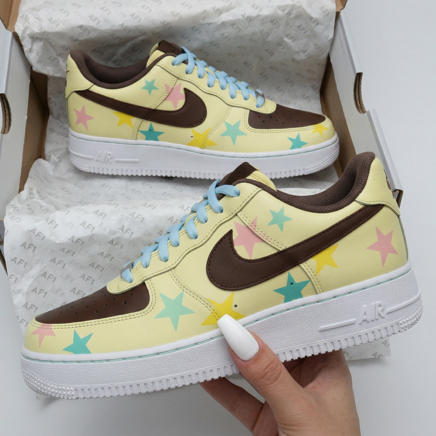 Yellow Brown Baby Blue Stars Custom AF 1s Shoes