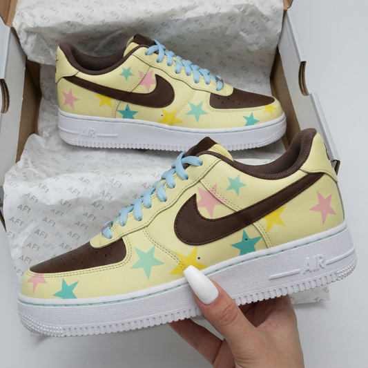 Yellow Brown Baby Blue Stars Custom AF 1s Shoes