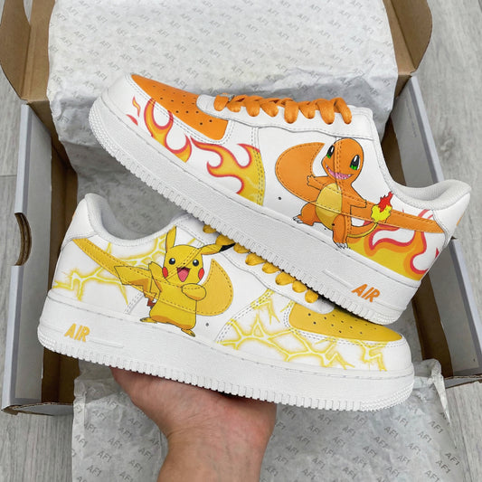 Yellow Orange Pokemon Pikachu Charmander Flames Lightning Custom AF 1s Shoes