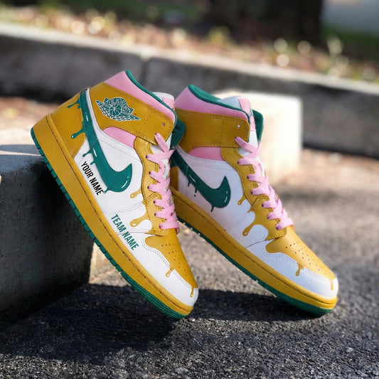 Yellow Pink Green Drip Custom AJ 1s Shoes